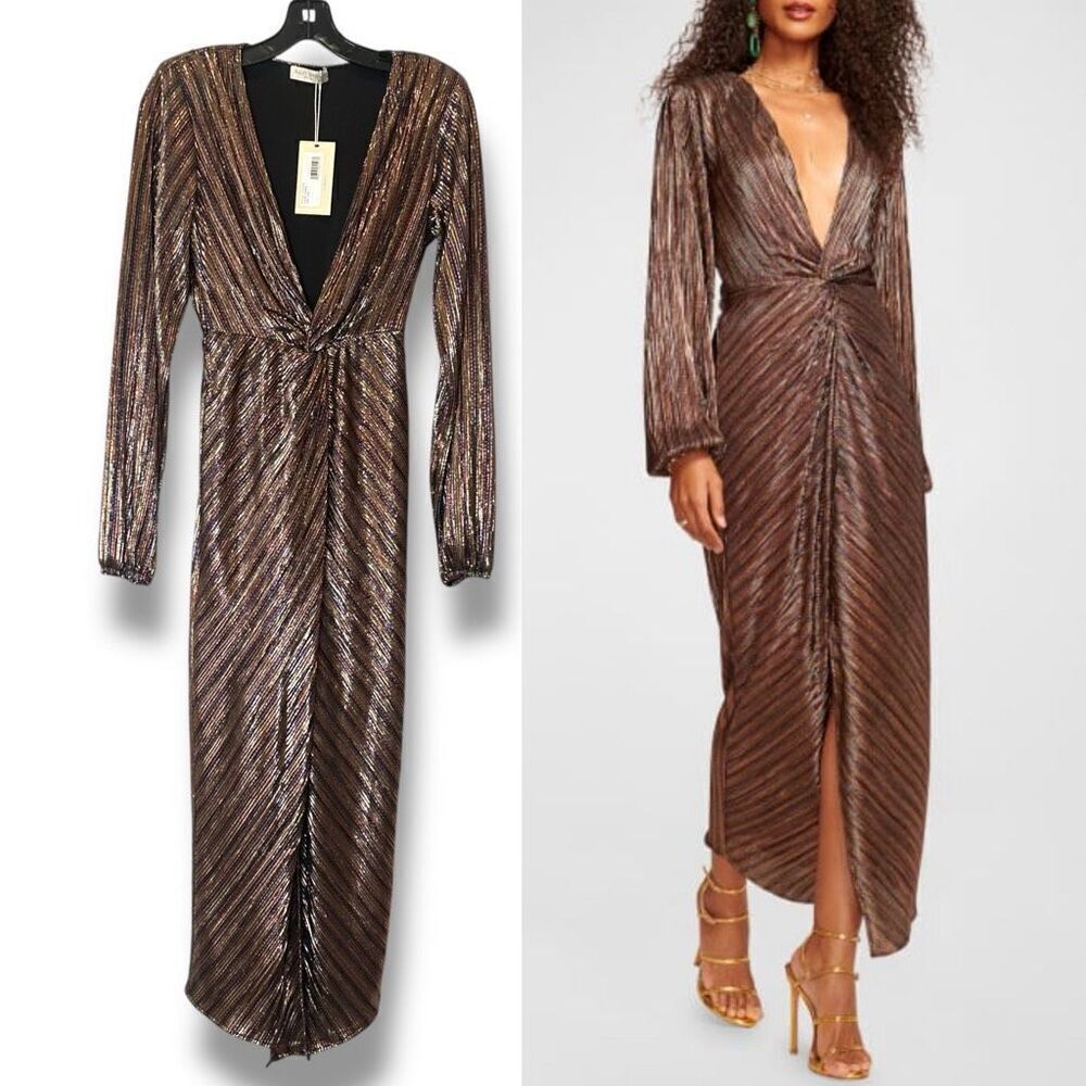 Ramy Brook $595 Sutton Deep V Metallic Midi Dress Long Sleeve Asymmetric XXS NWT
